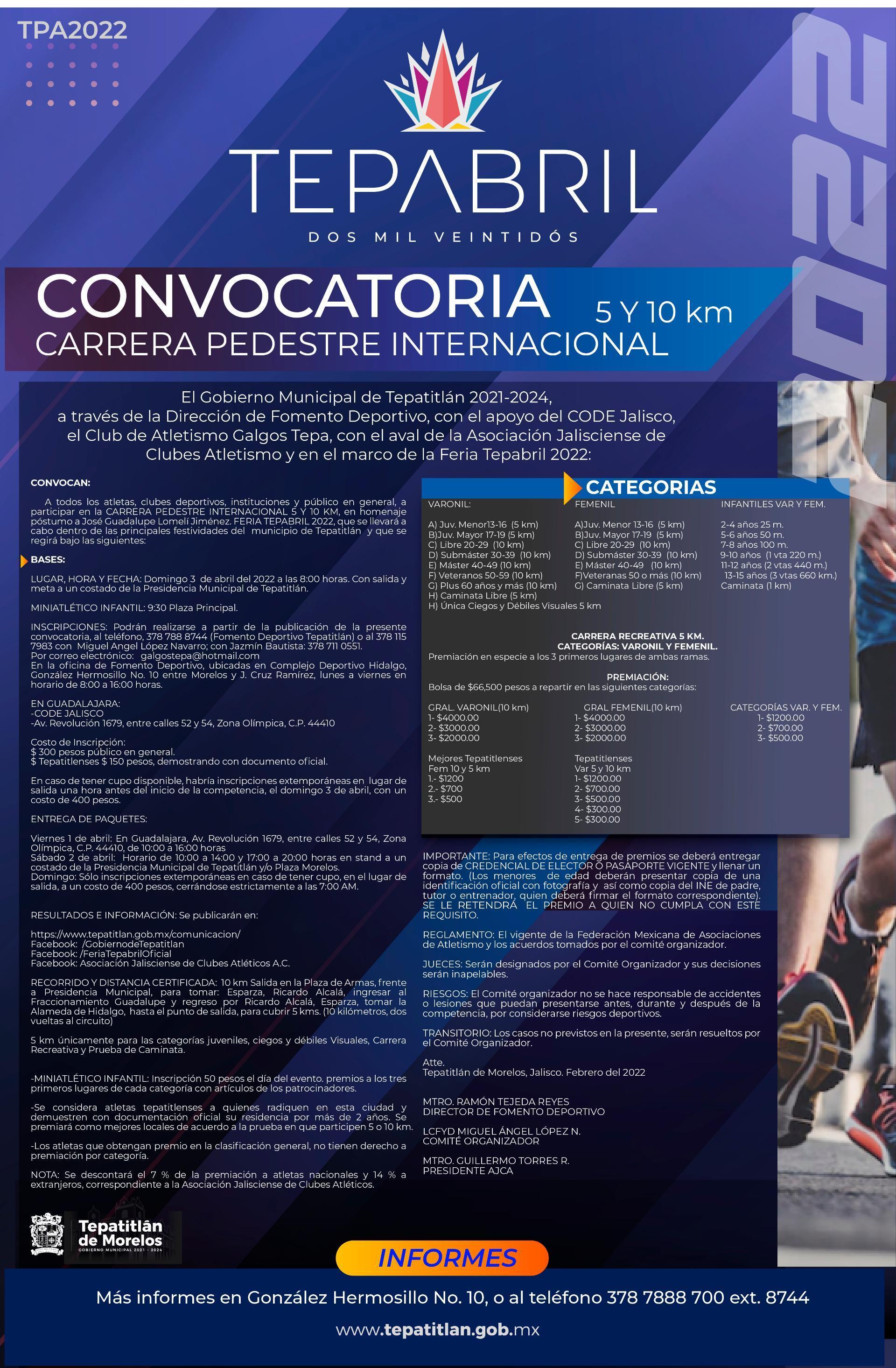 Convoca Tepa a Carrera Pedestre Internacional para Tepabril 2022