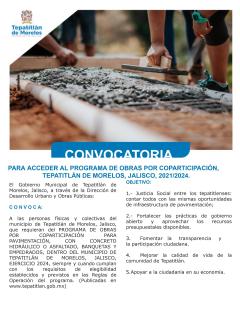 Convocatoria para acceder al Programa de Obras por Coparticipación, Tepatitlán de Morelos, Jalisco, 2021/2024