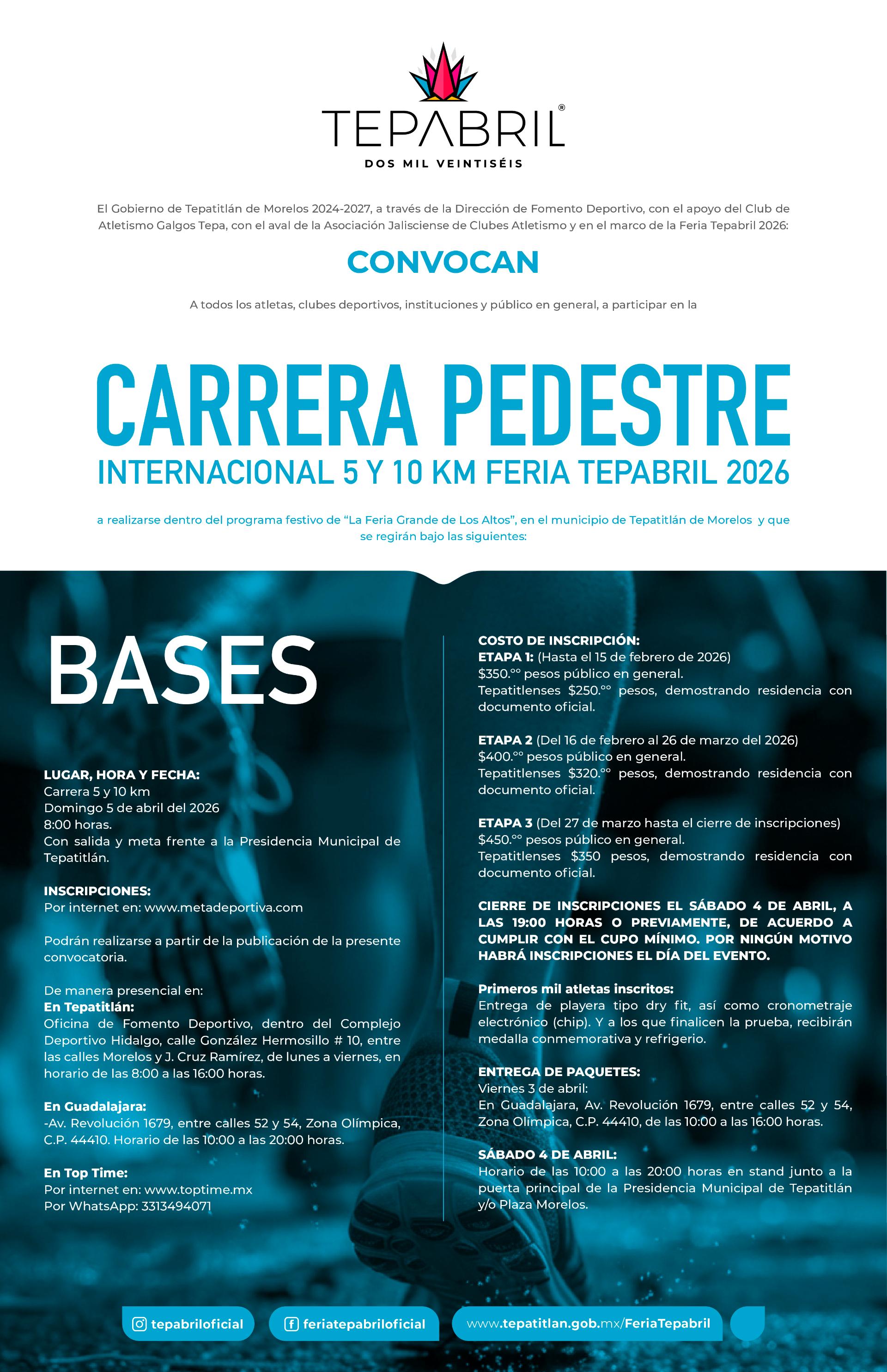 Convocatoria para la Carrera Pedestre Internacional 5 y 10 km Tepabril 2026