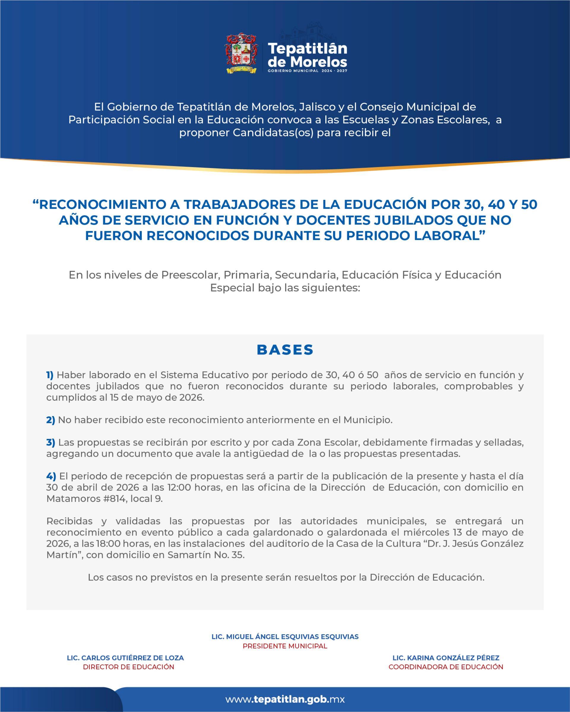 Convocatoria para reconocer a trabajadores de la educación por 30, 40 y 50 años de servicio